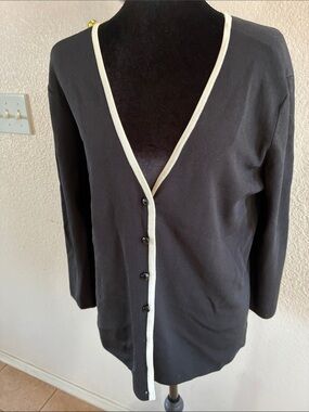 Covington Black V-Neck Button Cardigan with Cream Trim